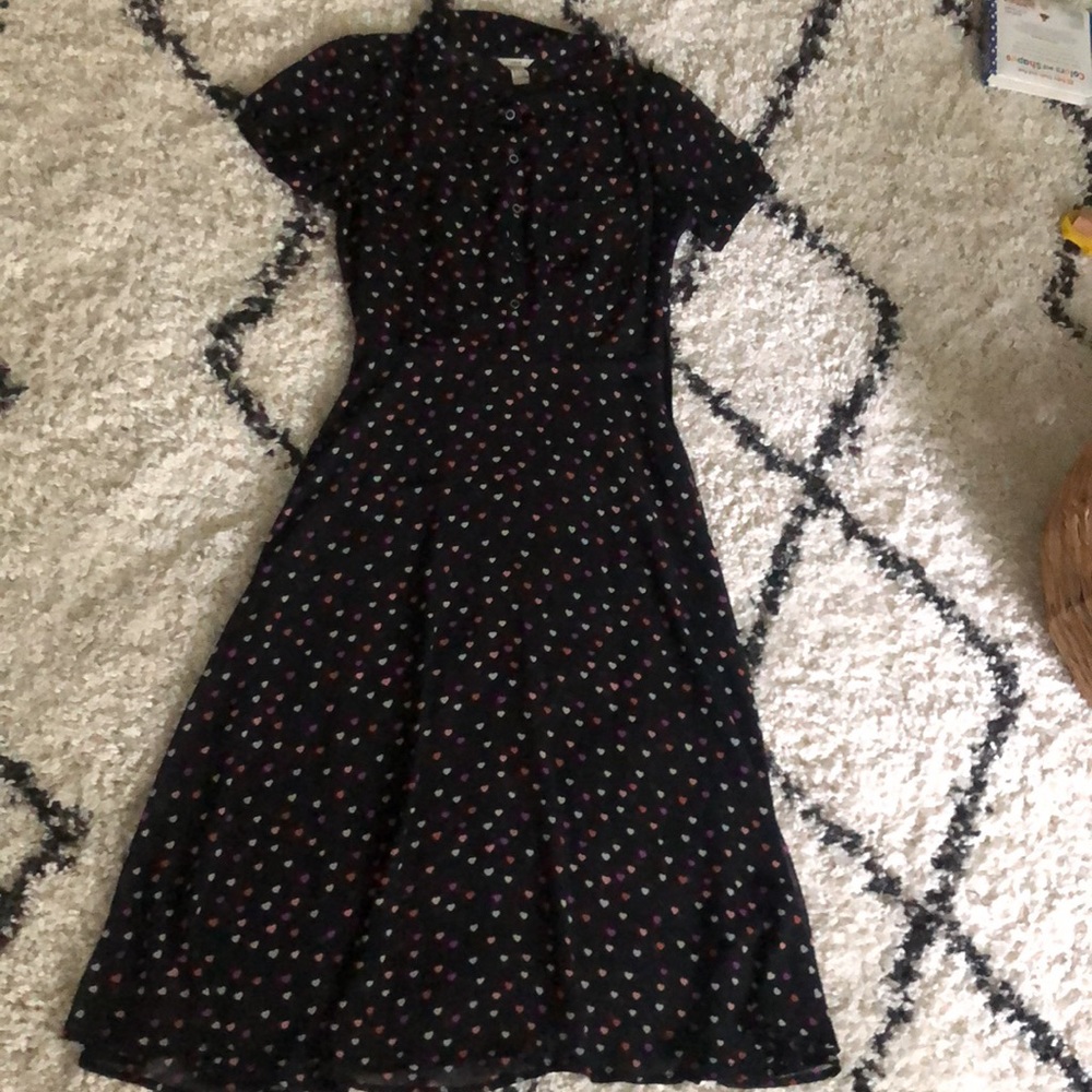 i love hb1 sheer heart black short sleeve front button up chiffon dress S